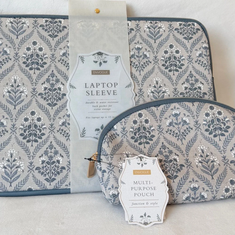 Envogue, Labtop Sleeve Gray and Blue Floral with Multipurpose Pouch Set